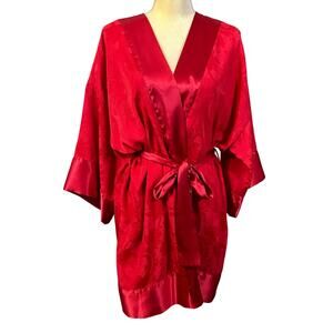 Victoria's Secret Vintage Red Satin Kimono Robe With Floral Jacquard Pattern OS